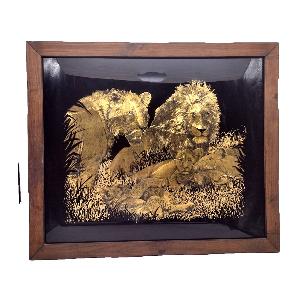 Kafka Industries Vtg 1985 Screened Foil Gold Art Lions Family #28 Rustic - USA